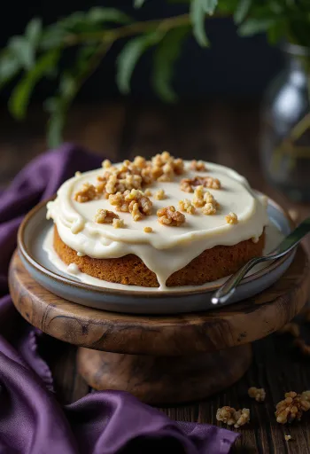 Vegan worteltaart met cashewnotencrème geserveerd
