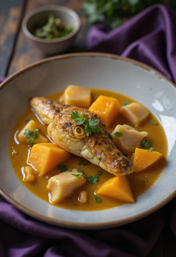Krokodil-pompoencurry geserveerd in een kom met verse koriander.