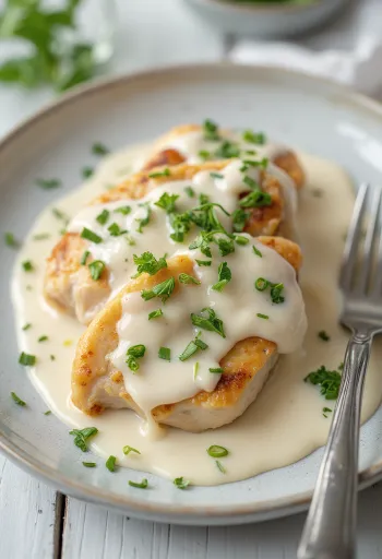 Sappige kipfilet in roomsaus, bestrooid met verse peterselie en geserveerd met pasta.