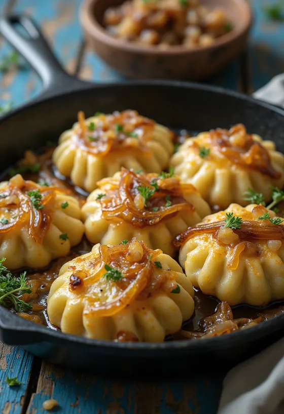 Knapperige dödölle geserveerd met zure room en gebakken uitjes