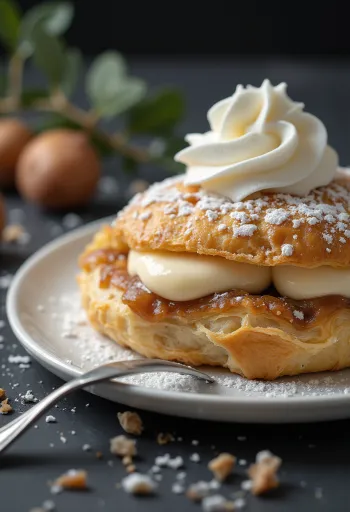Kastanje cremeschnitte geserveerd