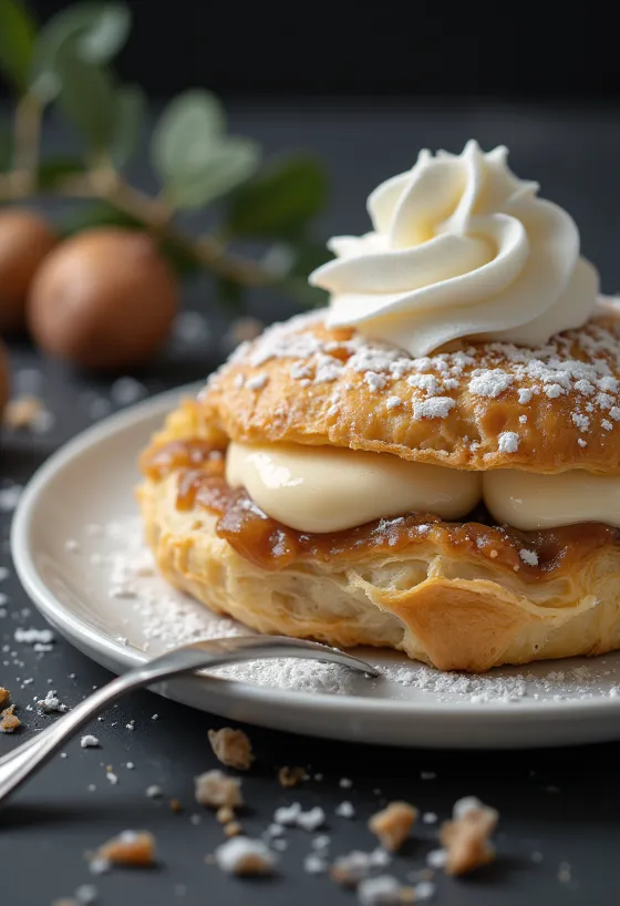Kastanje cremeschnitte geserveerd