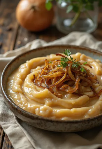 Gekaramelliseerde uienjus in een serveerkom