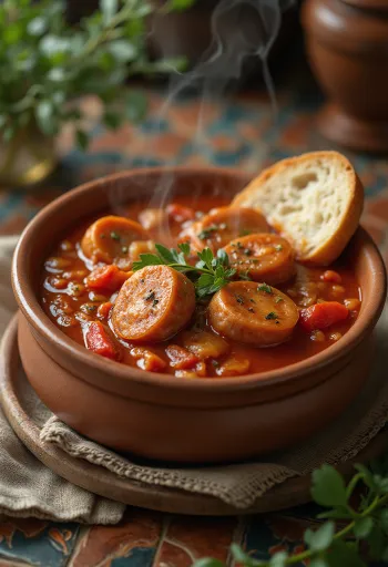 Lecsó met worst geserveerd met verse paprika, tomaat en gerookte worst