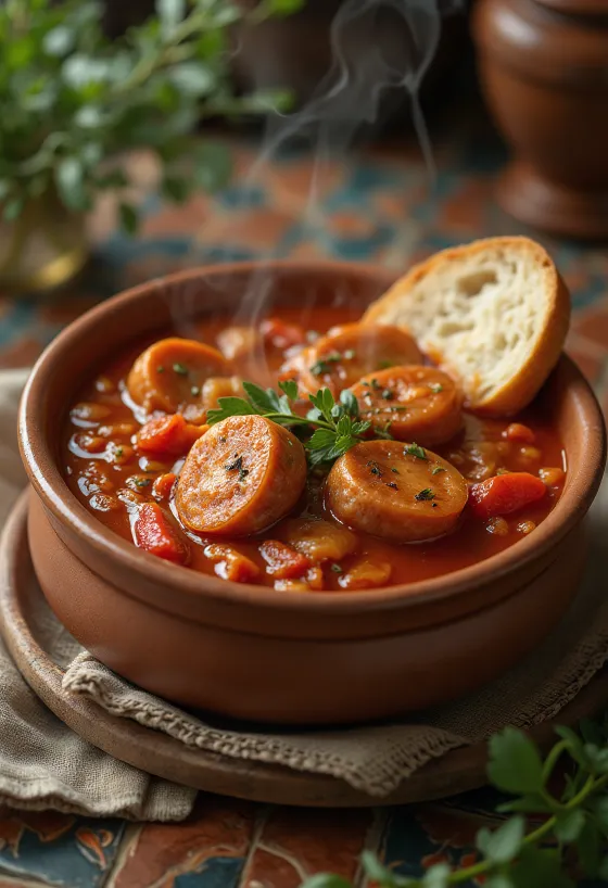 Lecsó met worst geserveerd met verse paprika, tomaat en gerookte worst