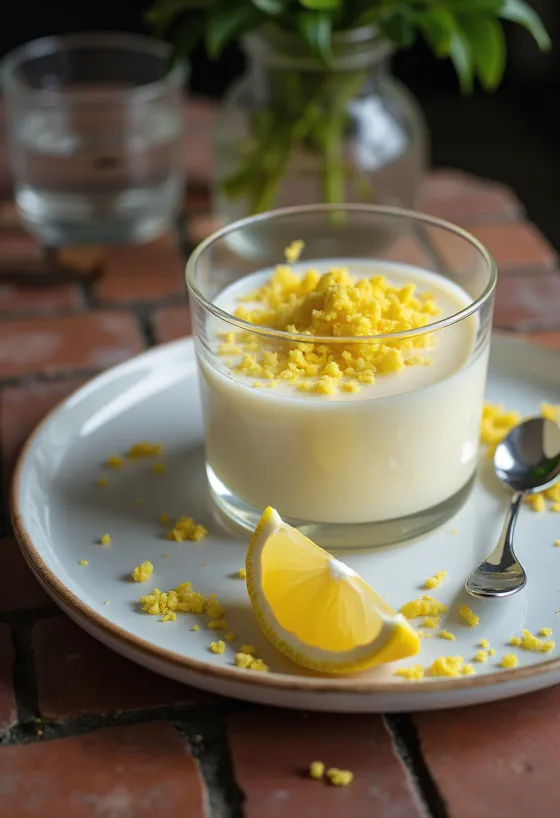Panna cotta met munt en citroen geserveerd