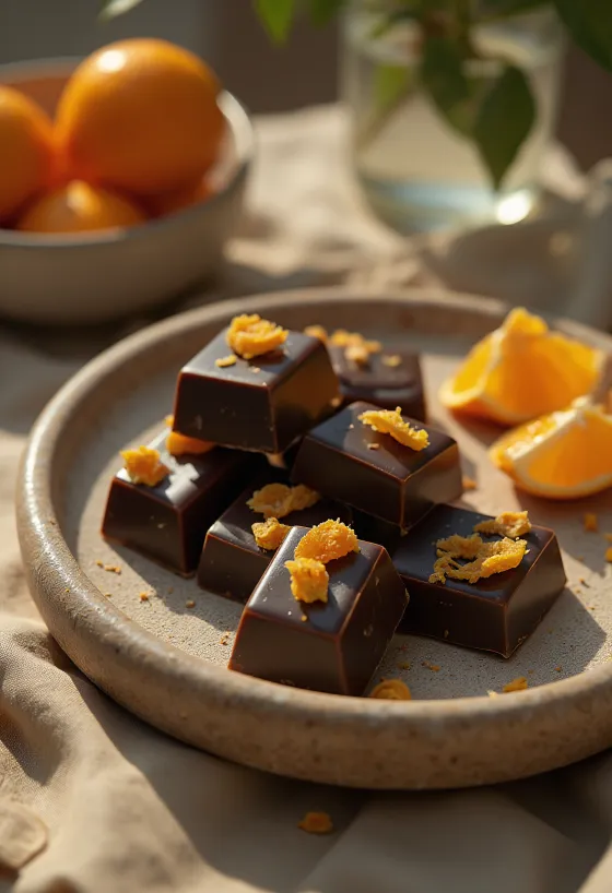 Sinaasappelchocolade geserveerd op een bord