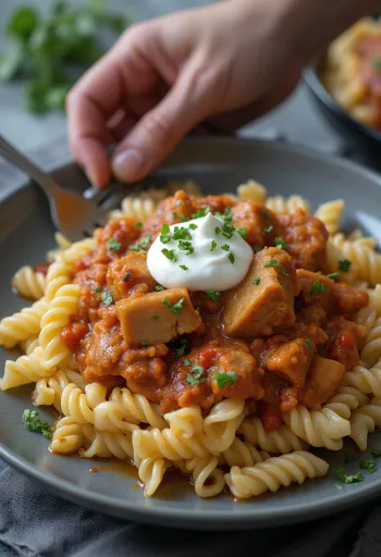 Pörkölt geserveerd met pasta en zure room