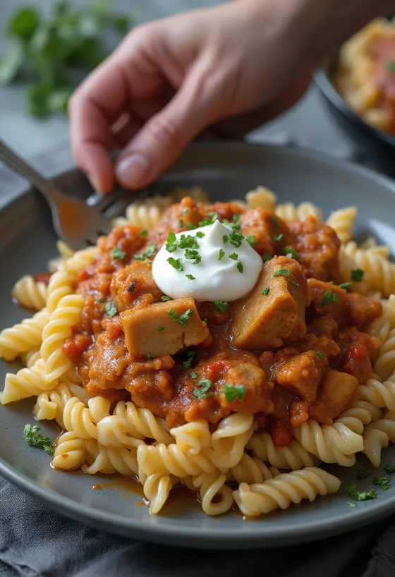 Pörkölt geserveerd met pasta en zure room