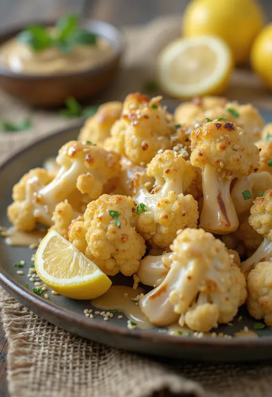 Geroosterde bloemkoolsalade met tahindressing, geserveerd met verse peterselie en geroosterd sesamzaad.