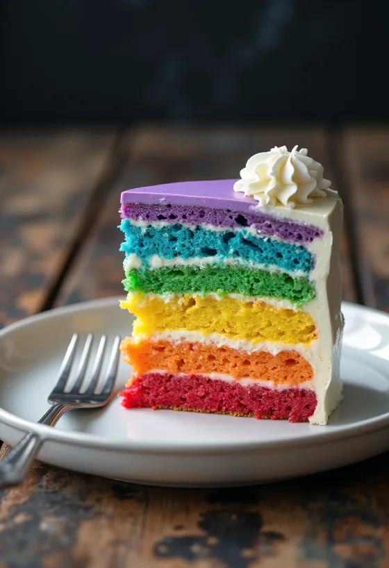 Regenboogtaart met witte fondant en gekleurde binnenlagen