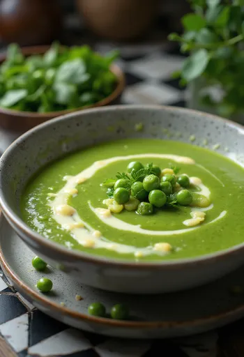 Romige doperwtensoep met verse peterselie