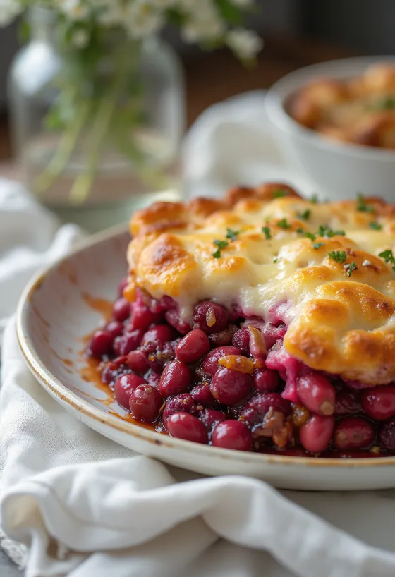 Bonenschotel met biet uit de oven geserveerd