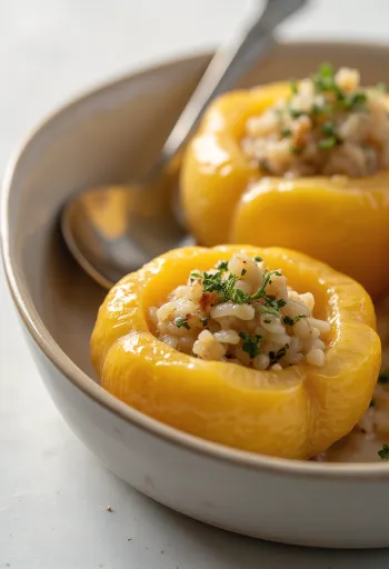 Gevulde appel en kweepeer met rijst op een bord