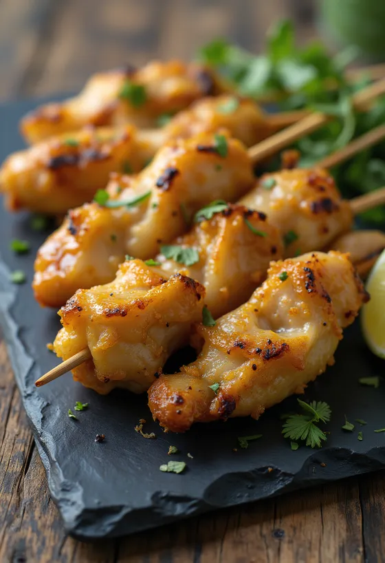 Gember saté, gegrilde kipspiesjes in gembermarinade