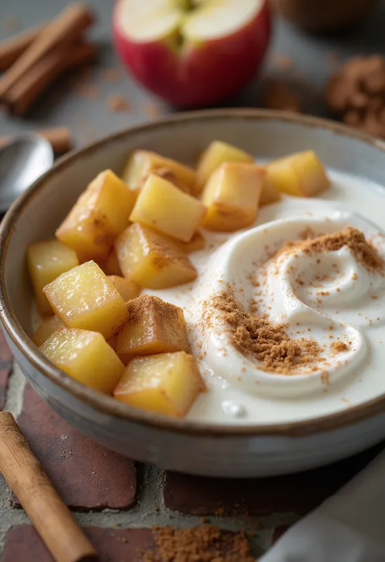 Probiotische appelyoghurt, romig met stukjes fruit in een witte kom