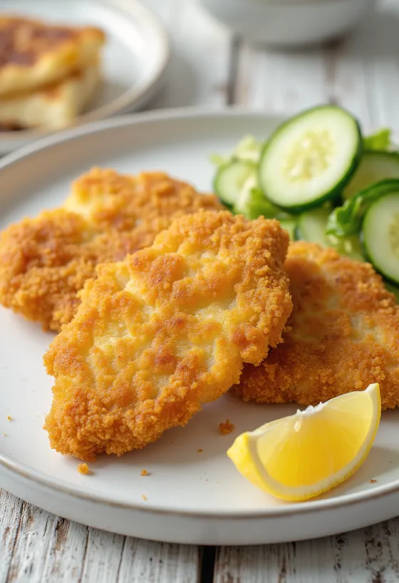 Goudbruin gebakken schnitzel, geserveerd in een knapperig jasje