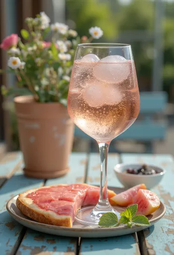 Rosé spritzer geserveerd met een schijfje citroen en ijs