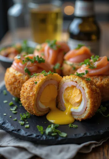 Scotch egg met gerookte zalm geserveerd