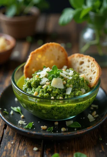 Romige spinaziepesto met verse basilicum en pijnboompitten