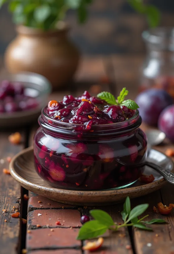 Pittige pruimenchutney in een pot en geserveerd