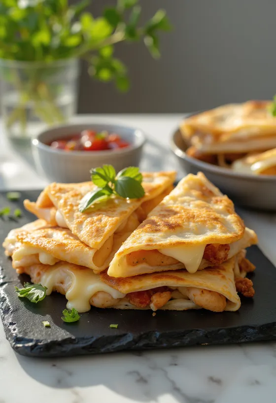 Quesadilla met kip goudbruin gebakken, geserveerd met gesmolten kaas en verse kruiden
