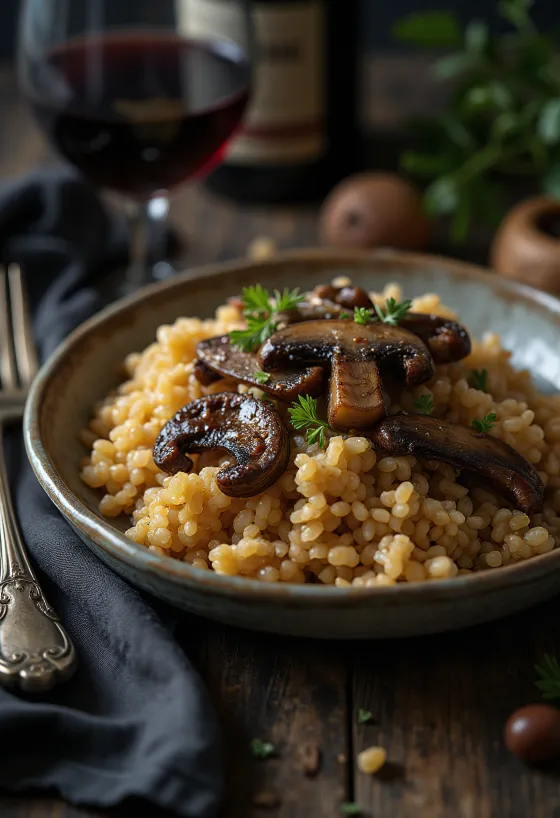 Farro met gebakken paddenstoelen en sojasaus