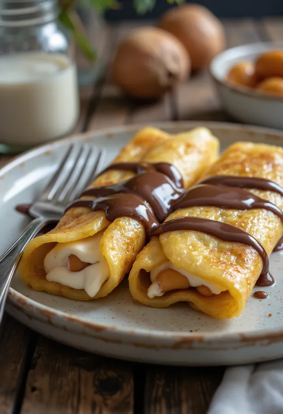 Kastanje pannenkoeken met chocoladesaus geserveerd