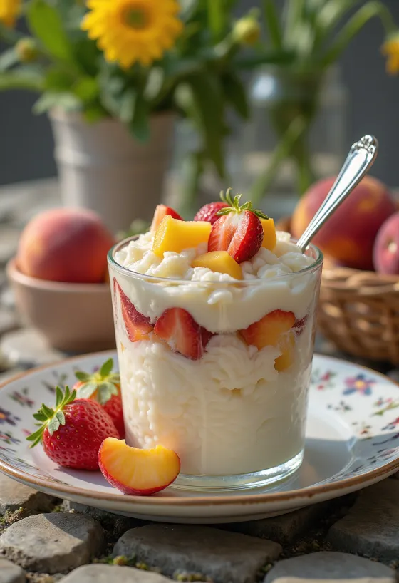 Rijstdessert met fruit, versierd met stukjes vers fruit en slagroom