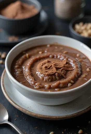 Cacao Congee, romige rijst geserveerd in een kom met cacao en vanille smaak