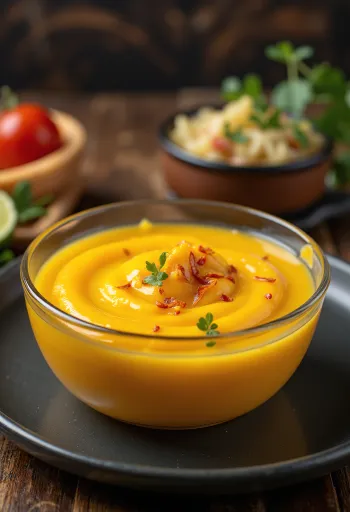 Gele mango-limoensaus in een glazen kom