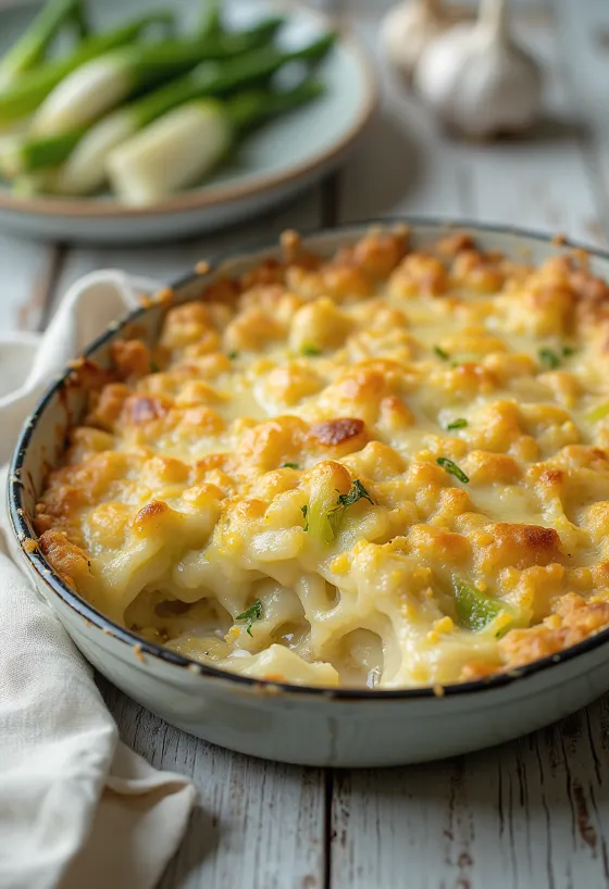 Prebiotische ovenschotel met prei en knoflook, geserveerd met verse peterselie