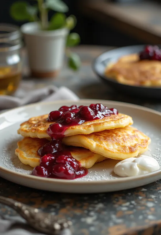 Syrniki met jam, goudbruine kwarkpannenkoekjes geserveerd met jam