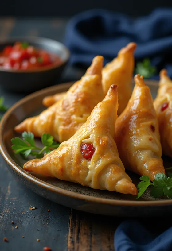 Samosa met kip en chili geserveerd