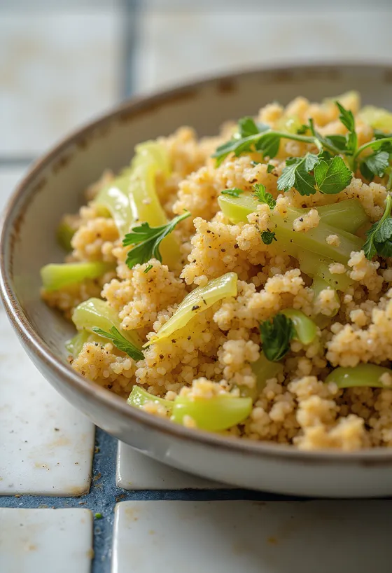 Kruidige bulgur met groene kool geserveerd