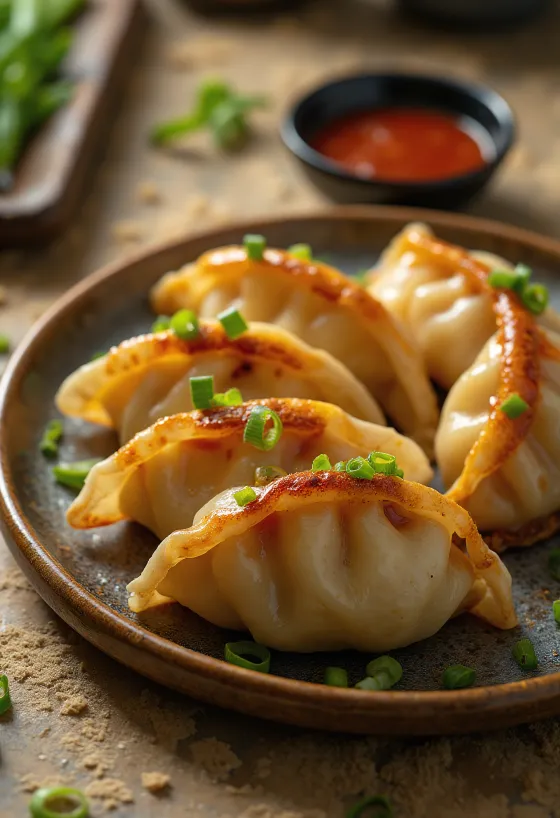 Kimchi Gyoza geserveerd met sojasausdip en lente-ui