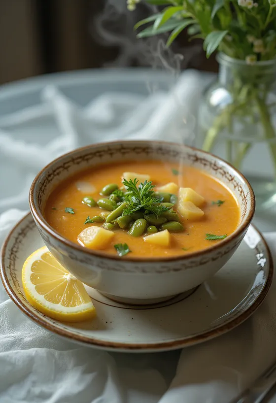 Traditionele Palóc soep, rijk bereid met sperziebonen, aardappelen en lamsvlees.