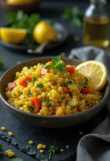 Prebiotische kruidige gierstsalade geserveerd met verse groenten en peterselie