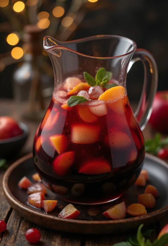 Sangria geserveerd met vers fruit en ijsblokjes