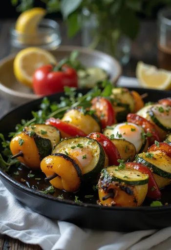 Gegrilde groentespiezen op een bord