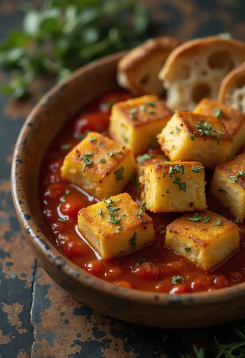 Gebakken tofu in tomatensaus geserveerd