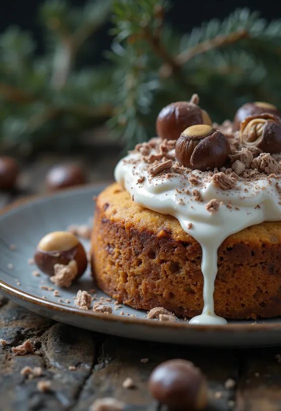 Winterse kastanjetaart versierd met pure chocolade en walnoten
