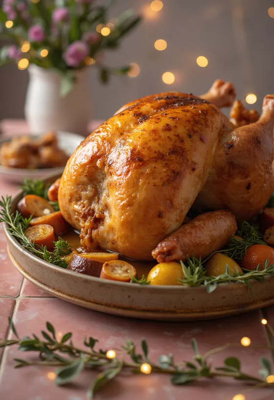 In de oven gebraden gevulde kalkoen, met knapperig vel en rijke vulling.