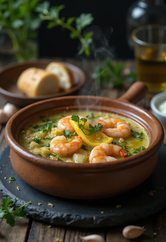 Açorda met garnalen, stukjes vers brood met garnalen, knoflook en peterselie