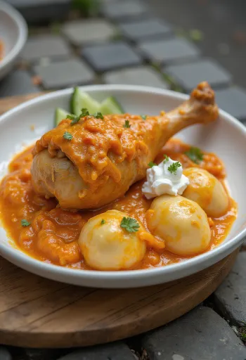 Kip paprikash met sappige stukken kip, geserveerd in paprika-zure roomsaus.