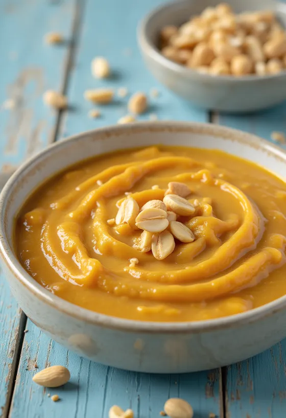 Pindasaus met curry geserveerd in een kom met verse koriander.