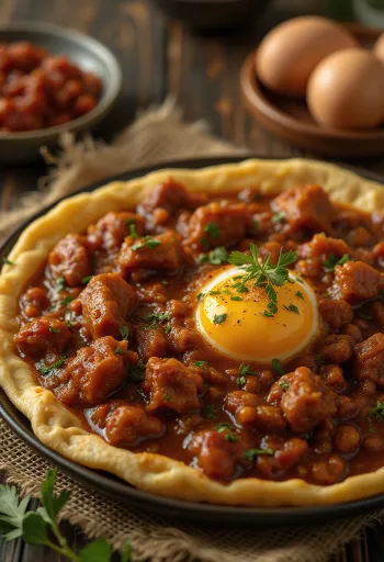 Doro Wat geserveerd met hardgekookt ei en injera pannenkoeken