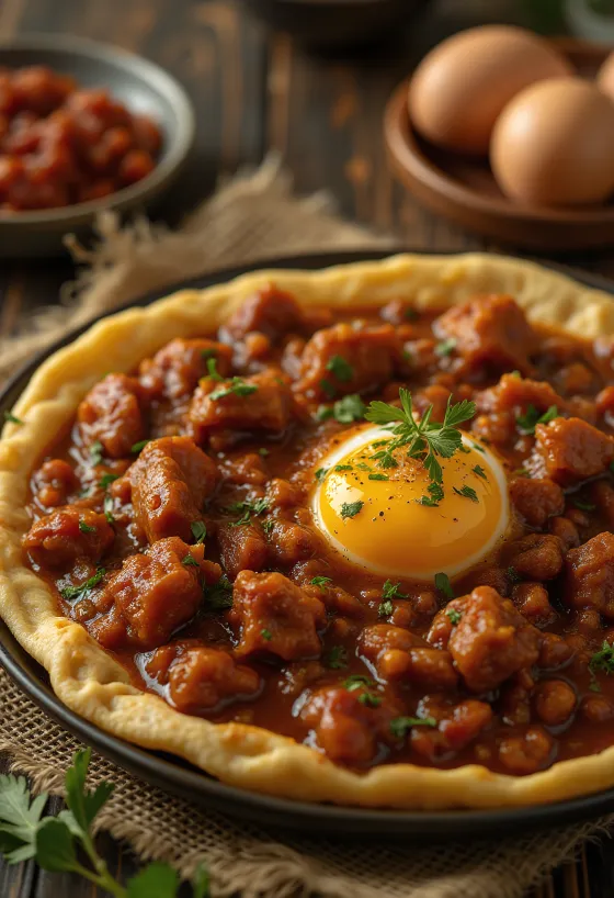 Doro Wat geserveerd met hardgekookt ei en injera pannenkoeken