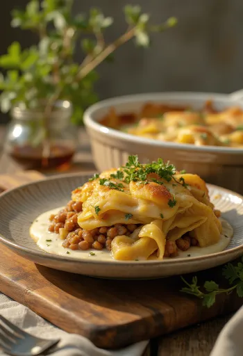 Ovenschotel van groene kool met kruidige linzen geserveerd