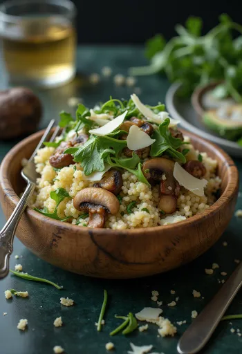 Quinoasalade met champignons, verse rucola en Parmezaanse kaas